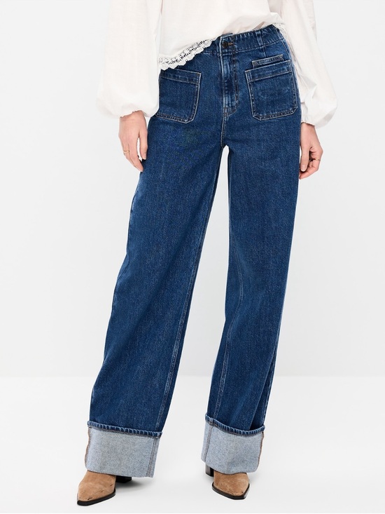 Old Navy Denim - Old Navy Dark Blue Boyfriend Jeans with Front Patch Pockets and Cuffed ends